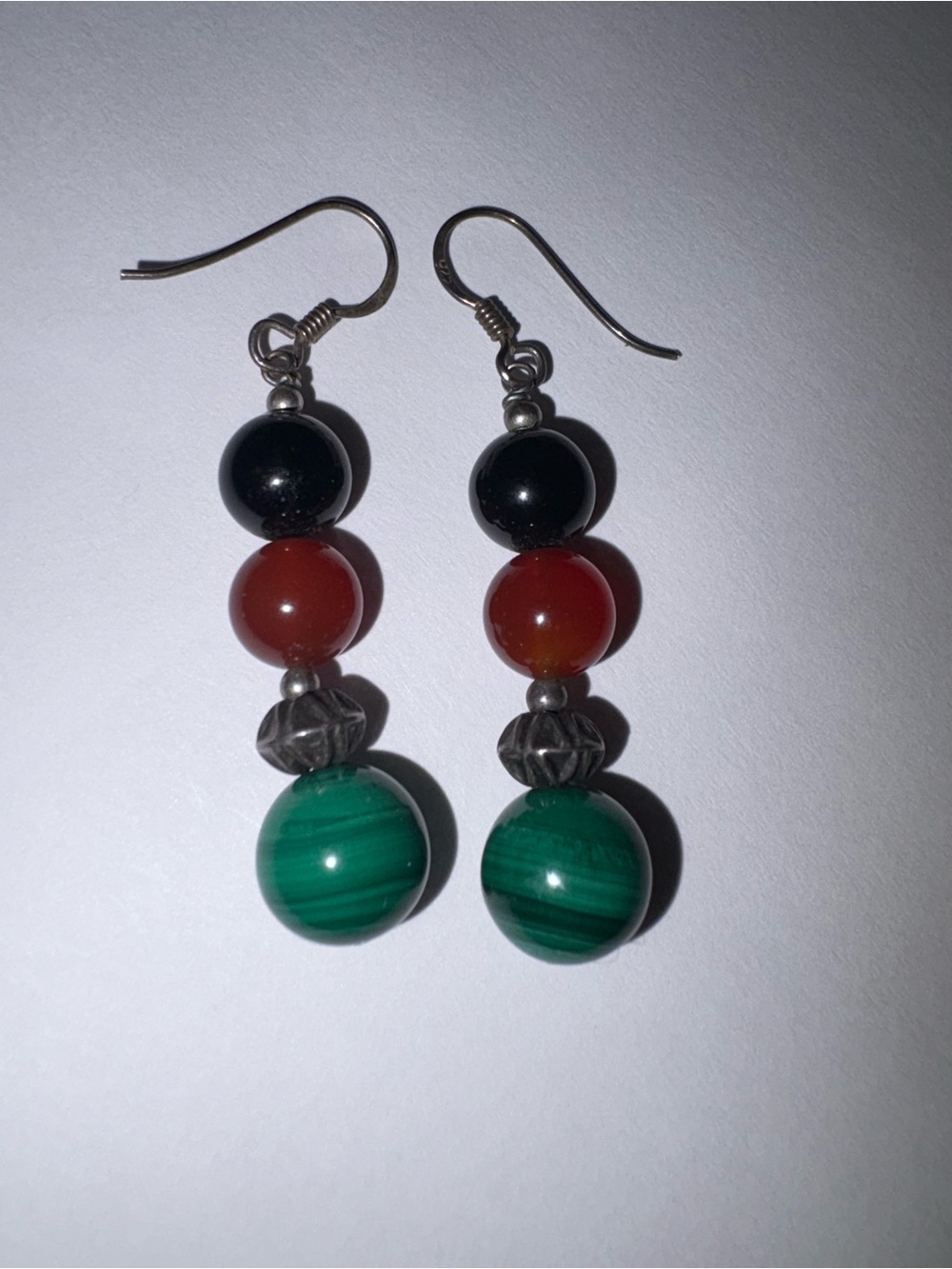 Vintage Black Onyx,Carnelian,and Green  Malachite Silver Dangle  beautiful